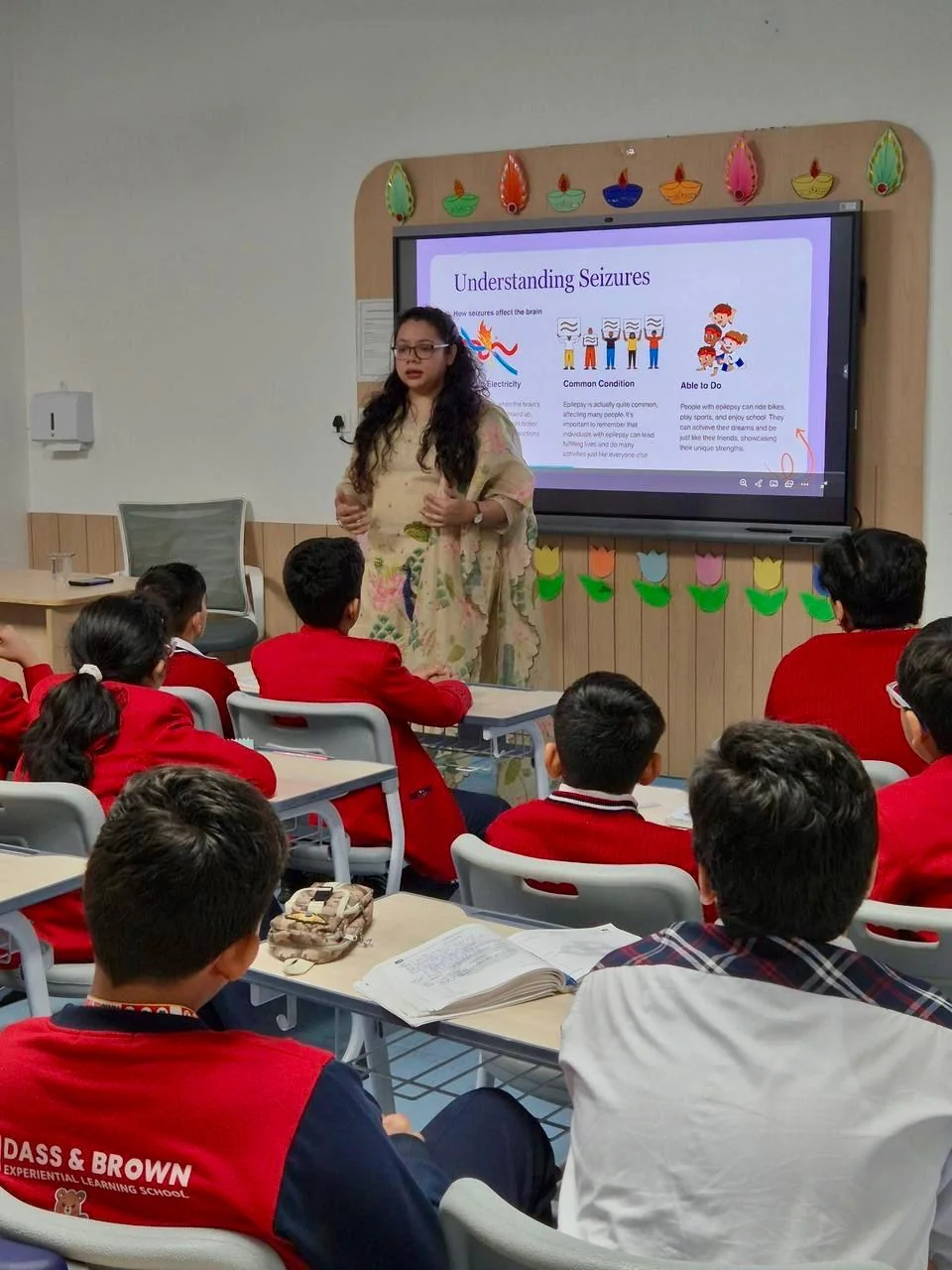 Dr. Suranjana Basak conducting an epilepsy-awareness session for school students at Dass & Brown Experiential Learning School